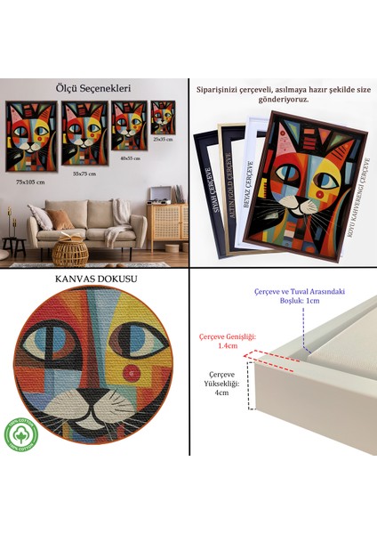 Çerçeveli Dekoratif Kanvas Tablo, Pablo Picasso Tarzı - Soyut Renkli Kedi TABLO-7374 indirimleri