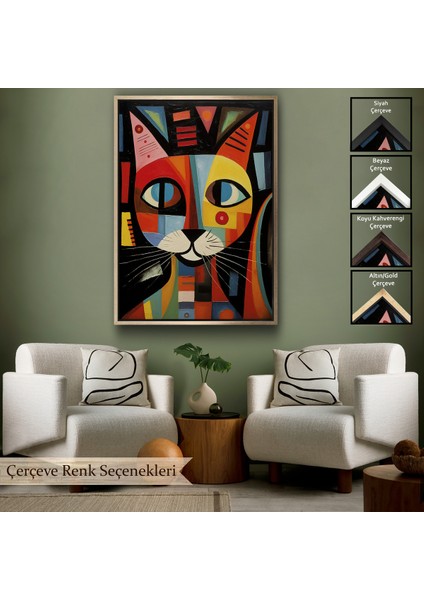 Çerçeveli Dekoratif Kanvas Tablo, Pablo Picasso Tarzı - Soyut Renkli Kedi TABLO-7374