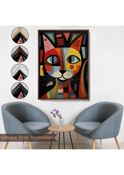 Çerçeveli Dekoratif Kanvas Tablo, Pablo Picasso Tarzı - Soyut Renkli Kedi TABLO-7374