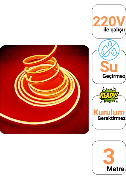 3 Metre 220 Volt Turuncu Neon Led Tak Çalıştır 8x16mm Esnek Hortum Led Suya Dayanıklı Şerit Aydınlatma fiyatları