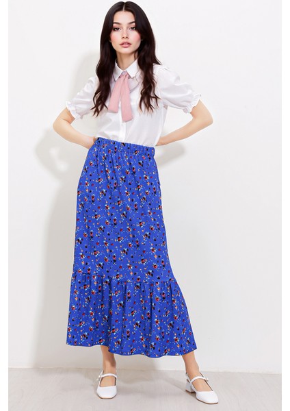 Kadın BDART Esnek Bel ile Dokulu Uzun Triko Etek Kobalt Mavisi