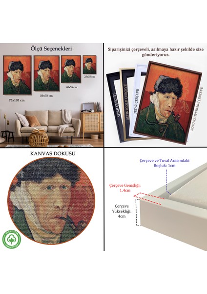 Çerçeveli Dekoratif Kanvas Tablo, Vincent Van Gogh - Kulakları Bandajlı Portre TABLO-7470 indirimleri