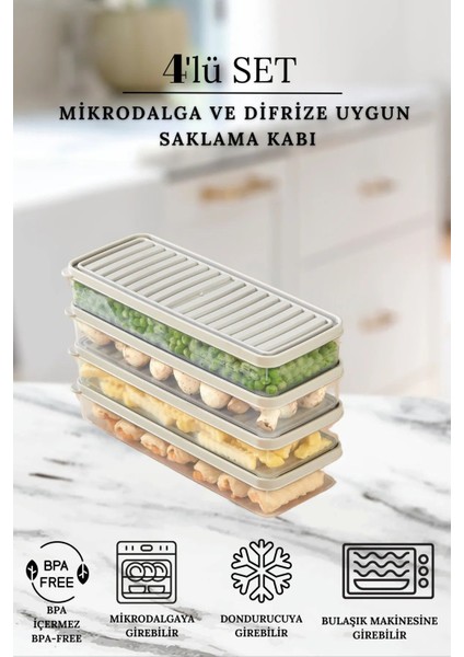 Buzdolabı ve Mikrodalga Saklama Kabı Seti, 4'lü, Hava Almaz, Beyaz, 1000ML