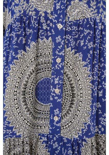 Kadın BDART Düğmeli V Yaka Desenli Maxi Elbise Kobalt Mavisi fırsatları