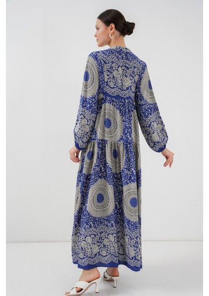 Kadın BDART Düğmeli V Yaka Desenli Maxi Elbise Kobalt Mavisi indirimleri