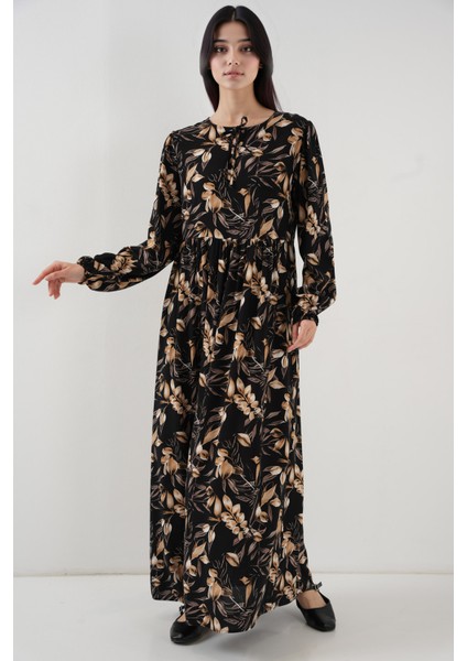 Kadın BDART Bağlamalı Desenli Maxi Elbise Black