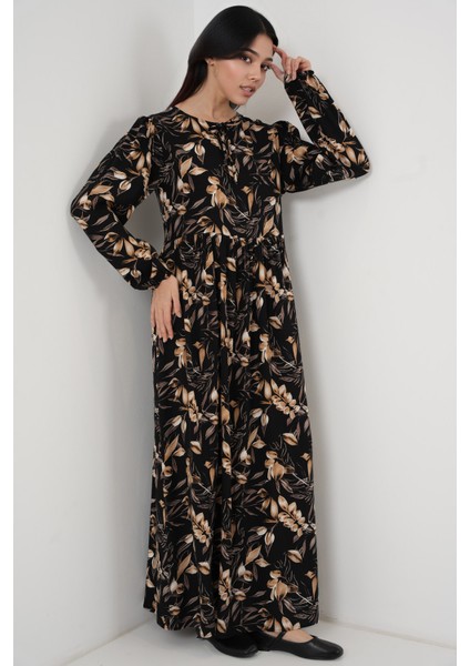 Kadın BDART Bağlamalı Desenli Maxi Elbise Black fırsatları