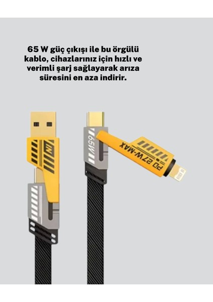 Hızlı Şarj Destekli 65W Örgülü Usb-C ve Usb-A Çoklu Şarj Kablosu modelleri