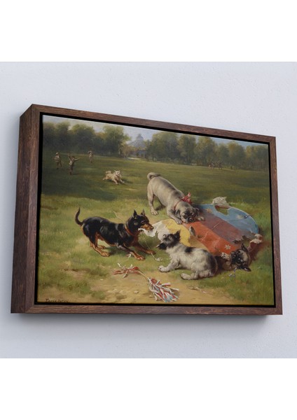 Çerçeveli Dekoratif Kanvas Tablo, Ein Gefundenes Spielzeug - Uçurtmayı Parçalayan Köpekler -7070 fiyatları