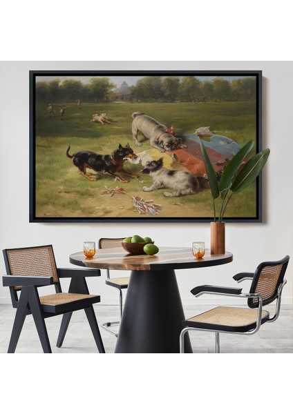 Çerçeveli Dekoratif Kanvas Tablo, Ein Gefundenes Spielzeug - Uçurtmayı Parçalayan Köpekler -7070