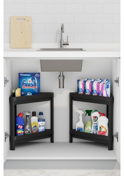 Üçgen 2 Katlı Köşe Raf Düzenleyici, Ev ve Banyo Için Organizer Standı Siyah