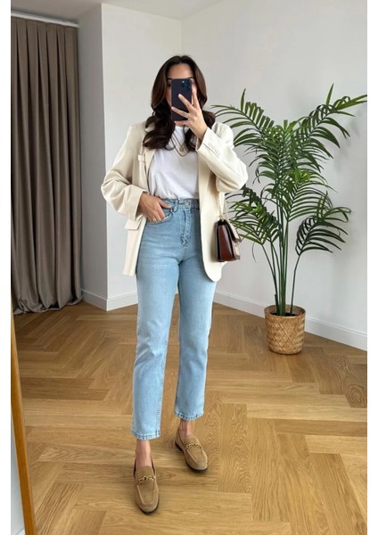 Kadın Mavi Kar Yıkama Yüksel Bel Mom Jeans Likralı Boyfrend Pantolon