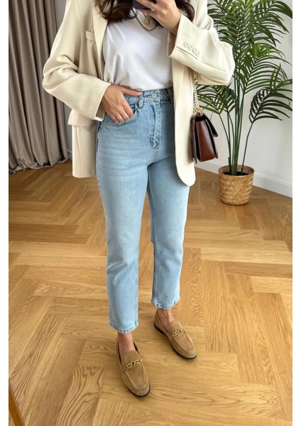 Kadın Mavi Kar Yıkama Yüksel Bel Mom Jeans Likralı Boyfrend Pantolon fiyatları