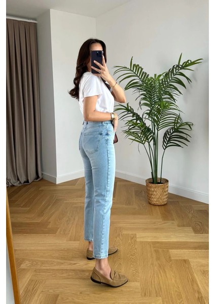Kadın Mavi Kar Yıkama Yüksel Bel Mom Jeans Likralı Boyfrend Pantolon modelleri