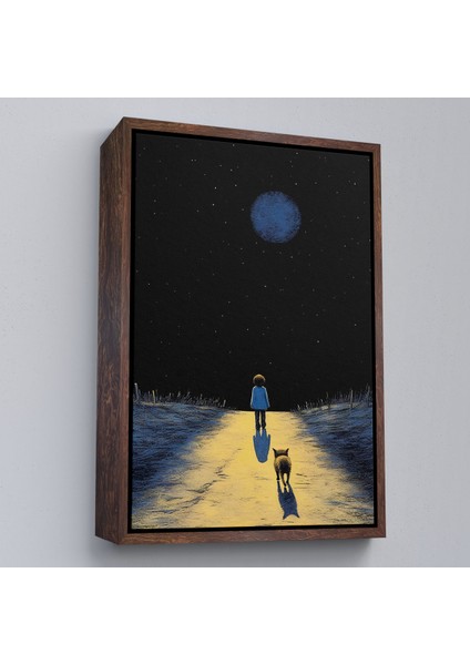 Çerçeveli Dekoratif Kanvas Tablo, Ay Işığına Yürüyen Çocuk ve Dostu TABLO-7534