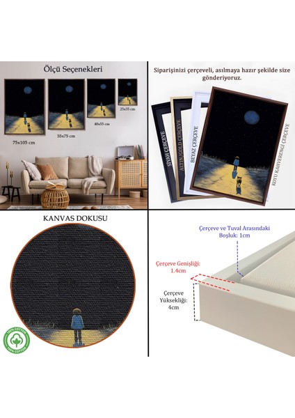 Çerçeveli Dekoratif Kanvas Tablo, Ay Işığına Yürüyen Çocuk ve Dostu TABLO-7534 indirimleri