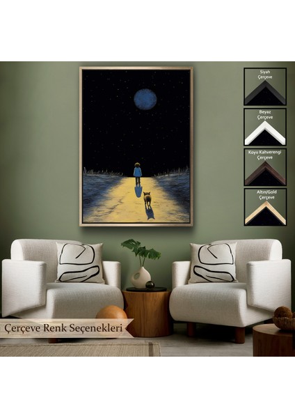 Çerçeveli Dekoratif Kanvas Tablo, Ay Işığına Yürüyen Çocuk ve Dostu TABLO-7534