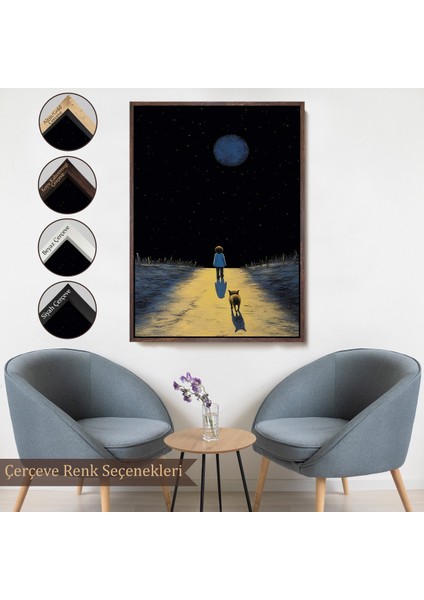Çerçeveli Dekoratif Kanvas Tablo, Ay Işığına Yürüyen Çocuk ve Dostu TABLO-7534