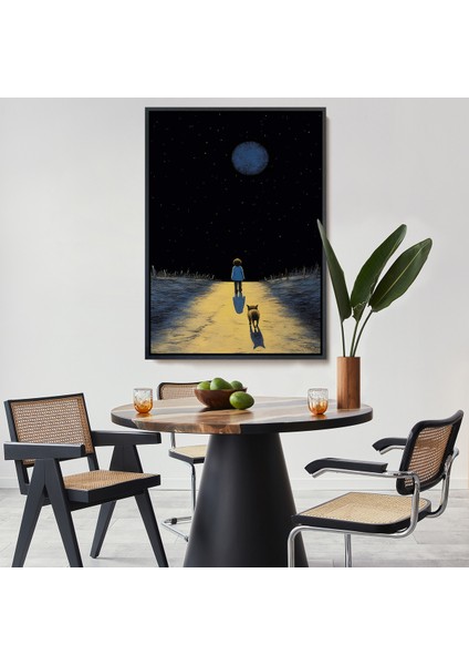 Çerçeveli Dekoratif Kanvas Tablo, Ay Işığına Yürüyen Çocuk ve Dostu TABLO-7534