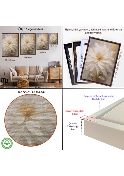 Çerçeveli Dekoratif Kanvas Tablo, Yağlıboya Görünümlü Beyaz Çiçek TABLO-7559 indirimleri