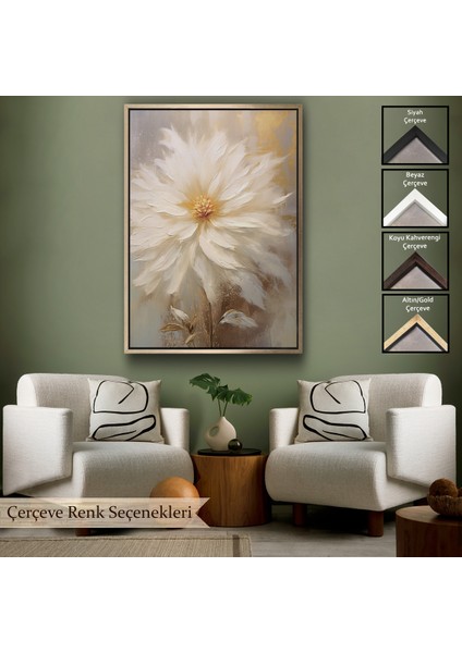 Çerçeveli Dekoratif Kanvas Tablo, Yağlıboya Görünümlü Beyaz Çiçek TABLO-7559