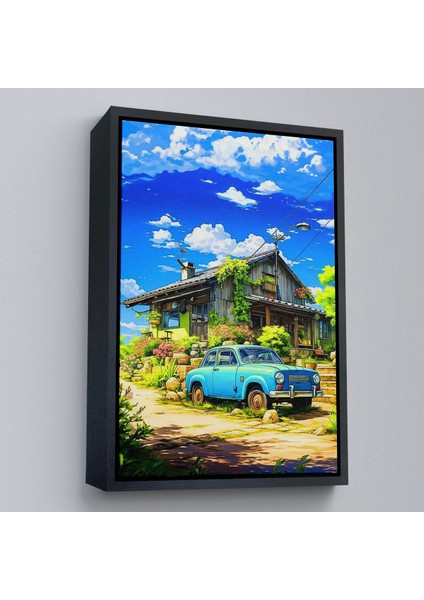 Çerçeveli Dekoratif Kanvas Tablo, Şirin Ev Önündeki Mavi Araba TABLOSU-7688
