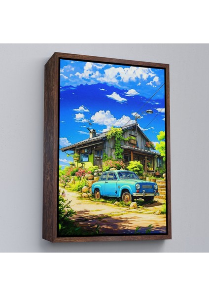 Çerçeveli Dekoratif Kanvas Tablo, Şirin Ev Önündeki Mavi Araba TABLOSU-7688 fiyatları