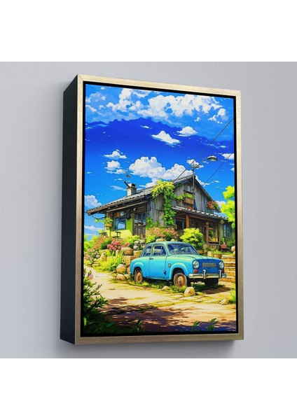 Çerçeveli Dekoratif Kanvas Tablo, Şirin Ev Önündeki Mavi Araba TABLOSU-7688 modelleri