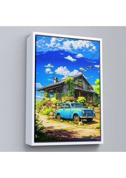 Çerçeveli Dekoratif Kanvas Tablo, Şirin Ev Önündeki Mavi Araba TABLOSU-7688 fırsatları
