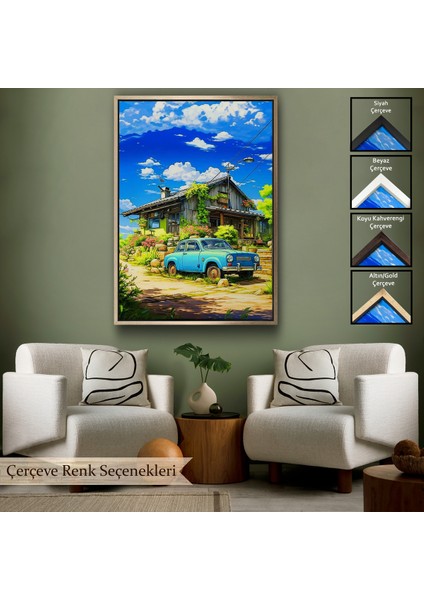 Çerçeveli Dekoratif Kanvas Tablo, Şirin Ev Önündeki Mavi Araba TABLOSU-7688