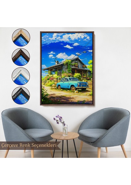 Çerçeveli Dekoratif Kanvas Tablo, Şirin Ev Önündeki Mavi Araba TABLOSU-7688