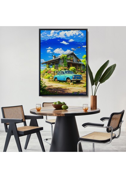 Çerçeveli Dekoratif Kanvas Tablo, Şirin Ev Önündeki Mavi Araba TABLOSU-7688