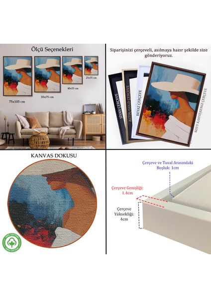 Çerçeveli Dekoratif Kanvas Tablo, Beyaz Şapkalı Soyut Kadın TABLO-7621 indirimleri