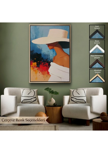 Çerçeveli Dekoratif Kanvas Tablo, Beyaz Şapkalı Soyut Kadın TABLO-7621
