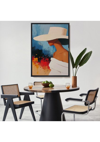 Çerçeveli Dekoratif Kanvas Tablo, Beyaz Şapkalı Soyut Kadın TABLO-7621