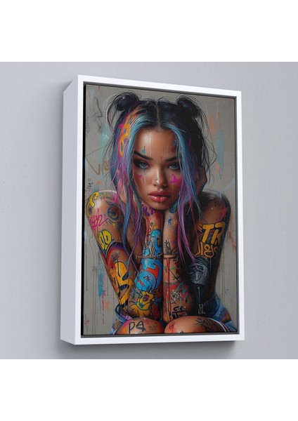 Çerçeveli Dekoratif Kanvas Tablo, Sürreal Dövmeli Hippi Kadın TABLO-7733
