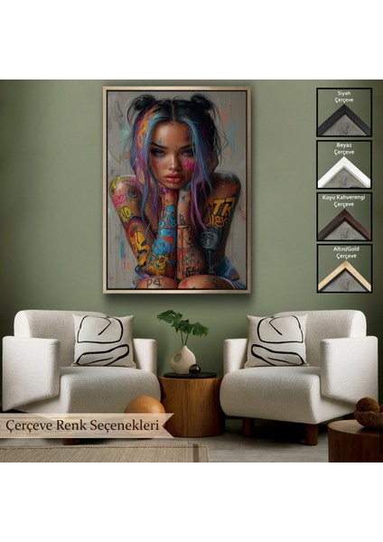 Çerçeveli Dekoratif Kanvas Tablo, Sürreal Dövmeli Hippi Kadın TABLO-7733