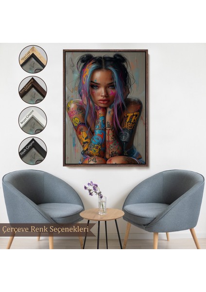 Çerçeveli Dekoratif Kanvas Tablo, Sürreal Dövmeli Hippi Kadın TABLO-7733