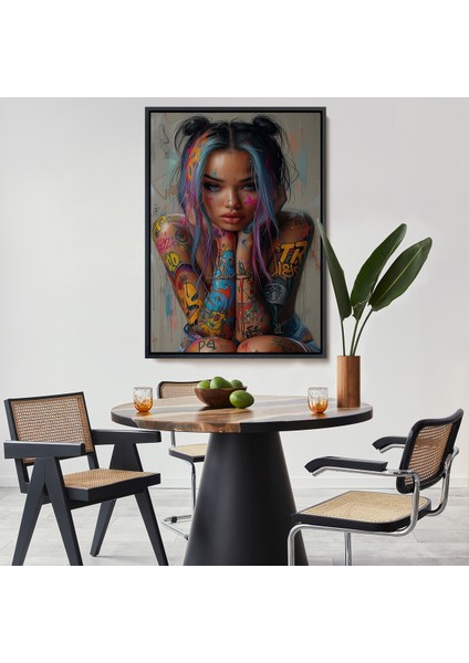 Çerçeveli Dekoratif Kanvas Tablo, Sürreal Dövmeli Hippi Kadın TABLO-7733