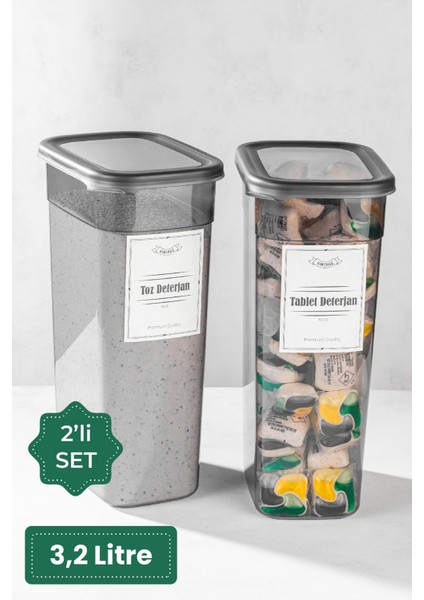 Gri 2'li Toz ve Tablet Deterjan Saklama Kutusu 3,2 Litre