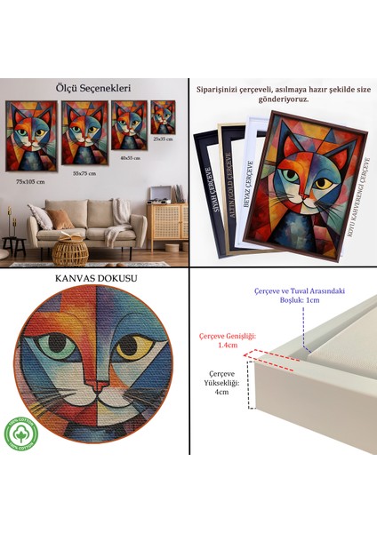 Çerçeveli Dekoratif Kanvas Tablo, Pablo Picasso Tarzı - Soyut Renkli Kedi TABLO-7375 indirimleri