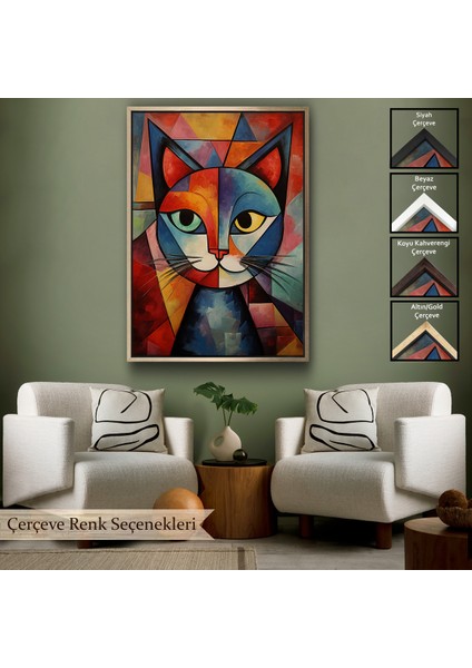 Çerçeveli Dekoratif Kanvas Tablo, Pablo Picasso Tarzı - Soyut Renkli Kedi TABLO-7375