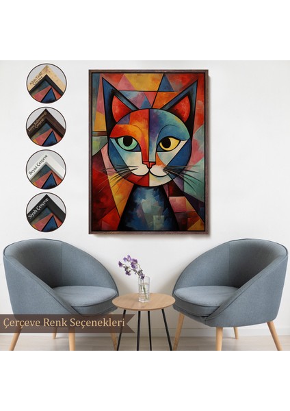 Çerçeveli Dekoratif Kanvas Tablo, Pablo Picasso Tarzı - Soyut Renkli Kedi TABLO-7375