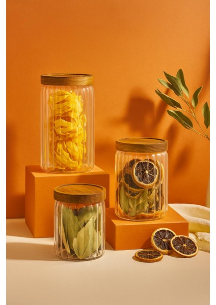 3’lü Cam Kavanoz Seti – 500 Ml, 700 Ml, 1000 ml Doğal Akasya Kapaklı