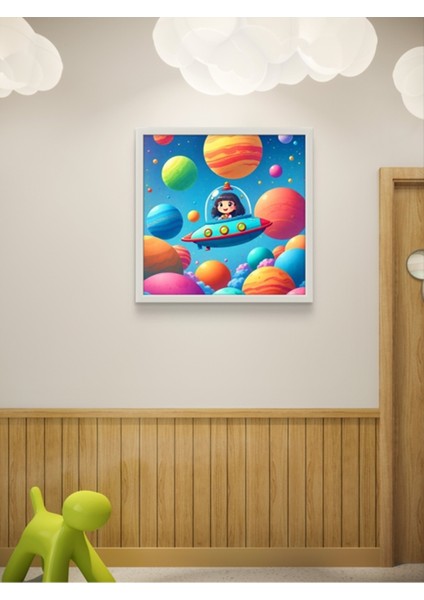 Uzay Gemisi Çocuk Odası LED Tablo – 60X60 cm | Sıva Üstü Montajlı, Tak-Çalıştır Sistem, Arapuarlı