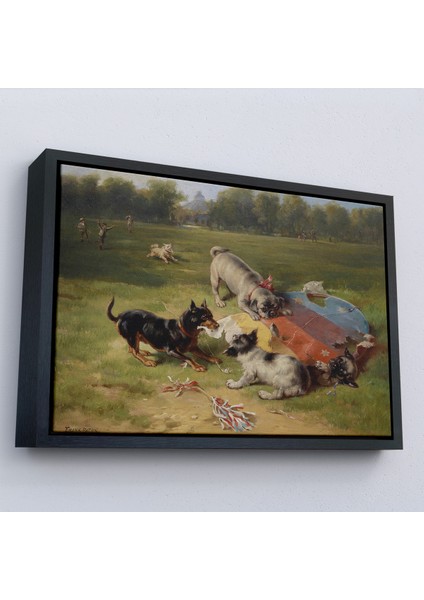 Çerçeveli Dekoratif Kanvas Tablo, Ein Gefundenes Spielzeug - Uçurtmayı Parçalayan Köpekler -7070