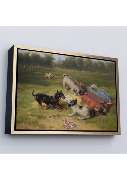 Çerçeveli Dekoratif Kanvas Tablo, Ein Gefundenes Spielzeug - Uçurtmayı Parçalayan Köpekler -7070 modelleri
