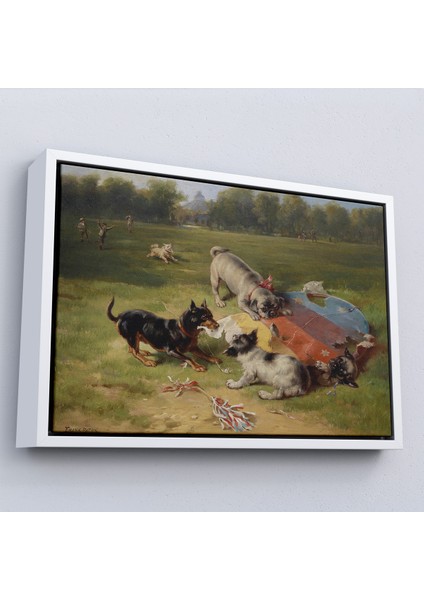 Çerçeveli Dekoratif Kanvas Tablo, Ein Gefundenes Spielzeug - Uçurtmayı Parçalayan Köpekler -7070 fırsatları