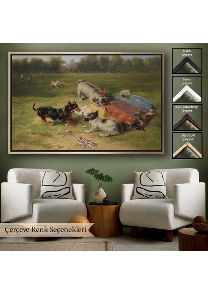 Çerçeveli Dekoratif Kanvas Tablo, Ein Gefundenes Spielzeug - Uçurtmayı Parçalayan Köpekler -7070