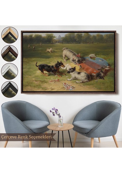 Çerçeveli Dekoratif Kanvas Tablo, Ein Gefundenes Spielzeug - Uçurtmayı Parçalayan Köpekler -7070